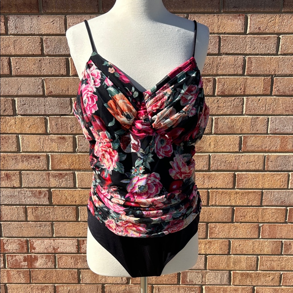 NWT Express Black Floral Cami thong with Pink and Orange Accents